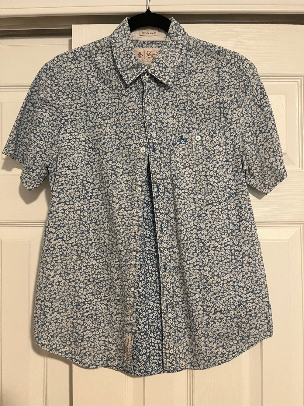 Short-Sleeve Blue Floral Button-Up Shirt